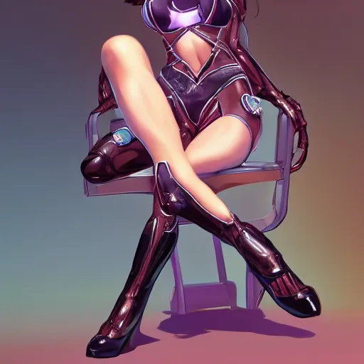 Prompt: Portrait of D.Va wearing gloves, sitting on a chair, intricate upper body, whole body, highly detailed, digital painting, artstation, concept art, smooth, sharp focus, illustration, art by Hajime Sorayama