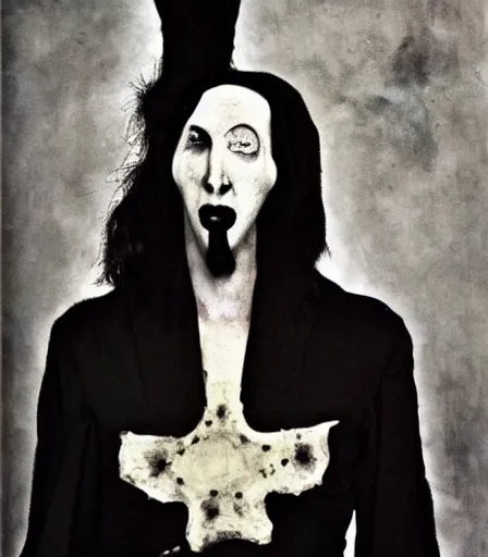 Image similar to portrait of marilyn manson by joel peter witkin and hieronymus bosch, high quality, high detail