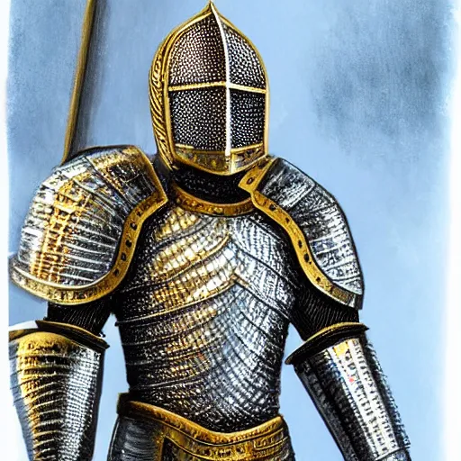 Prompt: knight with armor made of diamond and gold, realistic, clean, detailed