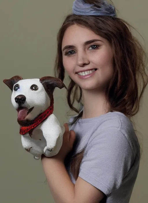 Prompt: Images on the store website, eBay, Full body, Miniature of a young woman stand next to dog