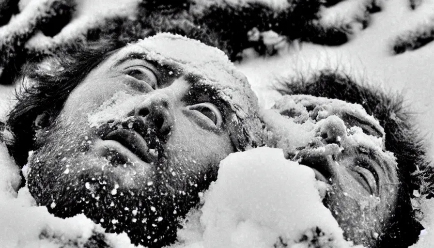 Image similar to 1 9 6 0 s movie still close up of marcus aurelius dirty face frozen to death under the snow on a river's shore with gravel, pine forests, cinestill 8 0 0 t 3 5 mm b & w, high quality, heavy grain, high detail, texture, dramatic light, anamorphic, hyperrealistic, detailed hair foggy