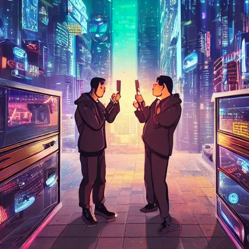 Prompt: two men toast at the end of the world in a cyberpunk city, realistic, high definition, 4K, shimmering color, symmetrical face, hyper detailed, art of invincible