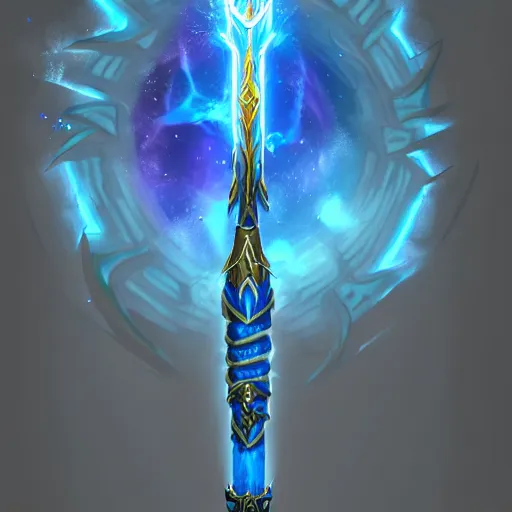 Image similar to bright weapon of warcraft blizzard wizard staff art, a spiral magical wizard staff. bright art masterpiece artstation. 8k, sharp high quality illustration in style of Jose Daniel Cabrera Pena and Leonid Kozienko, blue colored theme, concept art by Tooth Wu,