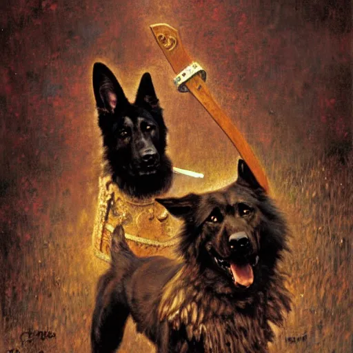 Prompt: a portrait of a black german shepard dogman canine viking with human eyes smiling holding an axe. fantasy highly detailed painting by gaston bussiere craig mullins jc leyendecker gustav klimt artgerm greg rutkowski