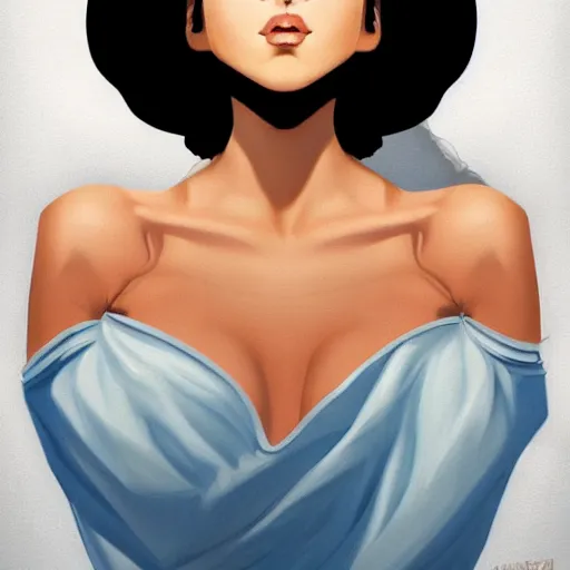 Prompt: a stunning upper body portrait of a beautiful woman with black hair blowing in the wind by marvel comics, digital art, trending on artstation