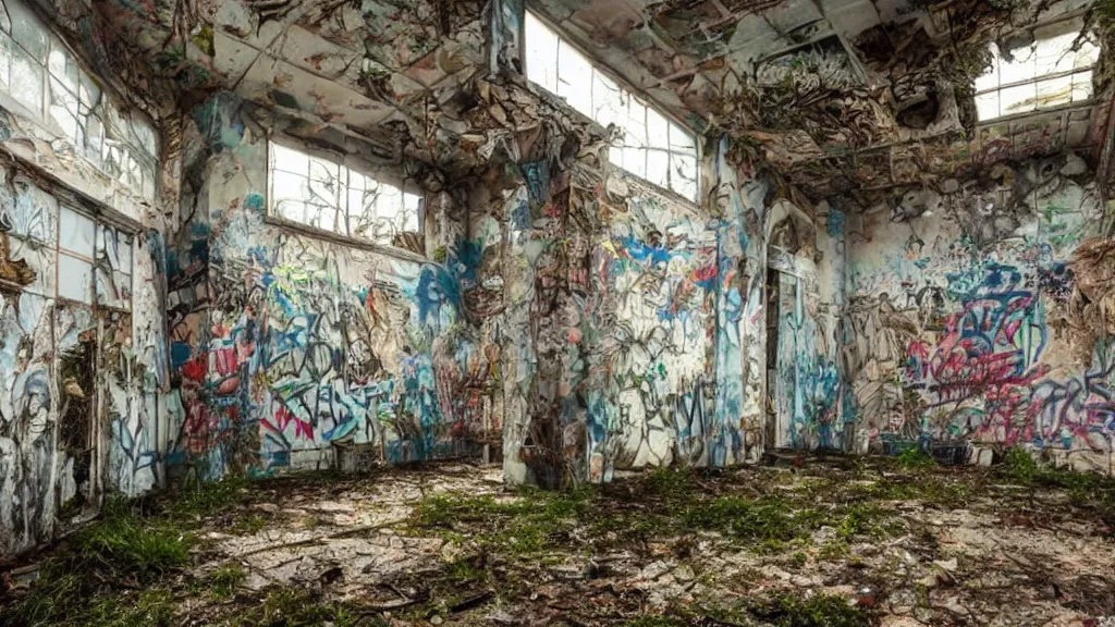 Prompt: abandoned overgrown interior, graffiti covered walls, peeling paint, volumetric lighting, creepy, highly detailed