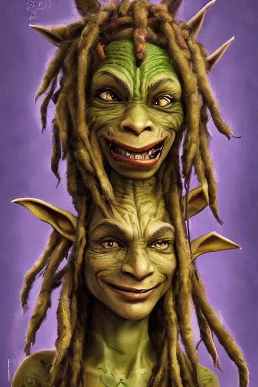 Image similar to rastifarian goblin with dreadlocks, highly detailed, portrait, character art by Fiona Staples,