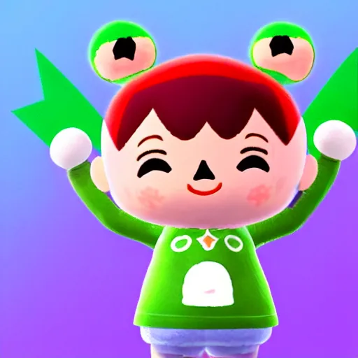 Image similar to animal crossing character with a round pink head, a green mohawk, green eyebrows and a long red pointy nose