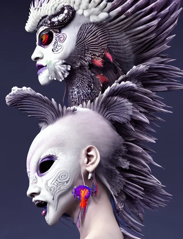 Image similar to 3 d goddess close - up profile portrait punk with mohawk with ram skull. beautiful intricately detailed japanese crow kitsune mask and clasical japanese kimono. betta fish, jellyfish phoenix, bio luminescent, plasma, ice, water, wind, creature, artwork by tooth wu and wlop and beeple and greg rutkowski