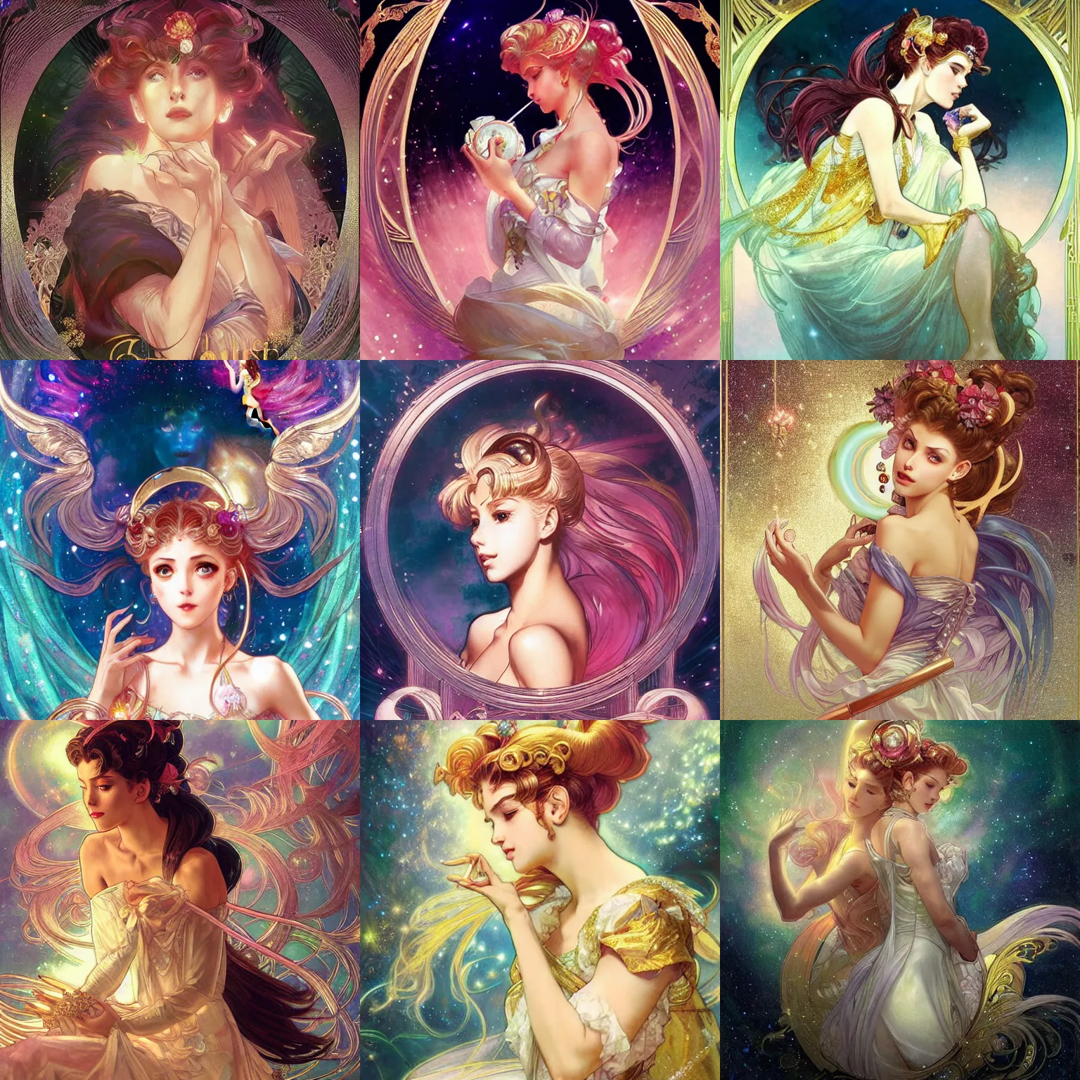 Prompt: a dramatic beautiful breathtaking artwork glowing in sparkles with heavenly notes Neo Rococo highly detailed sailor moon aesthetic matte sharp focus Artgerm and Greg Rutkowski and Alphonse Mucha, In the style of Sailor Moon