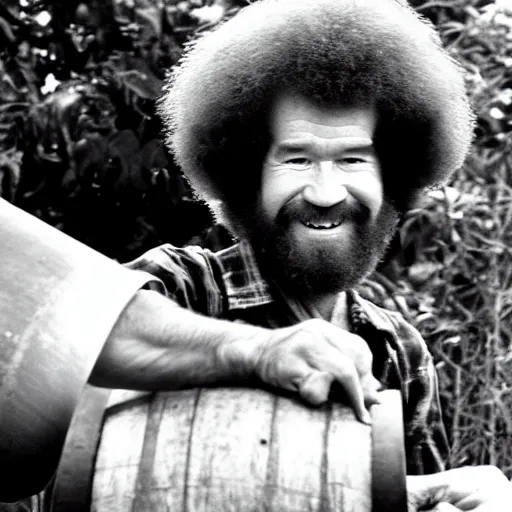 Prompt: bob ross rolling a metal barrel in the vietnam war