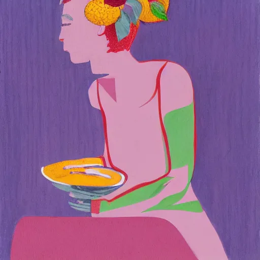Prompt: beautiful lady, drinking tea, fruit basket, painting, clean shapes, print, litography, pastel colors, ink lines, markus gunnar, konstfack