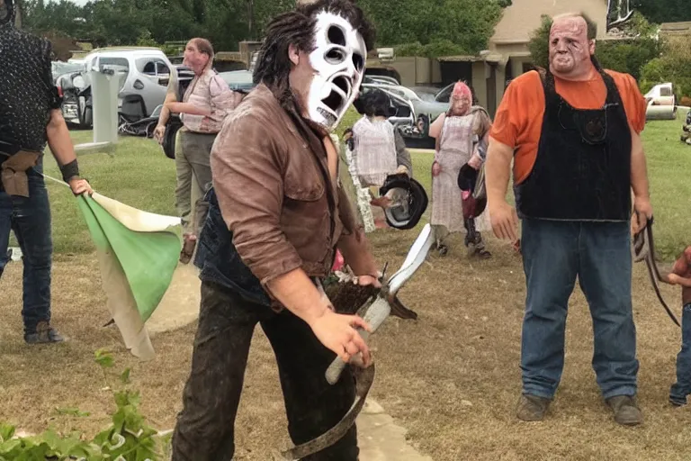 Image similar to leatherface at a kids birthday party, realistic, real life