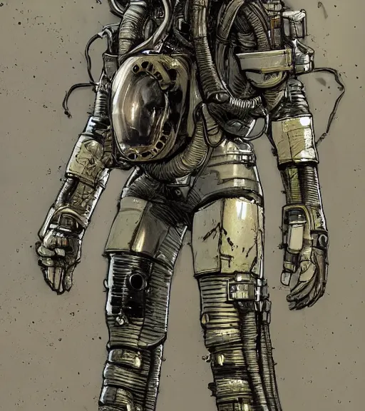 Image similar to realistic cyberpunk engineer with long limbs and a black spacesuit on a spacewalk, techwear, dead space, visible face, Industrial Scifi, detailed illustration, character portrait, by Ashley Wood and Moebius