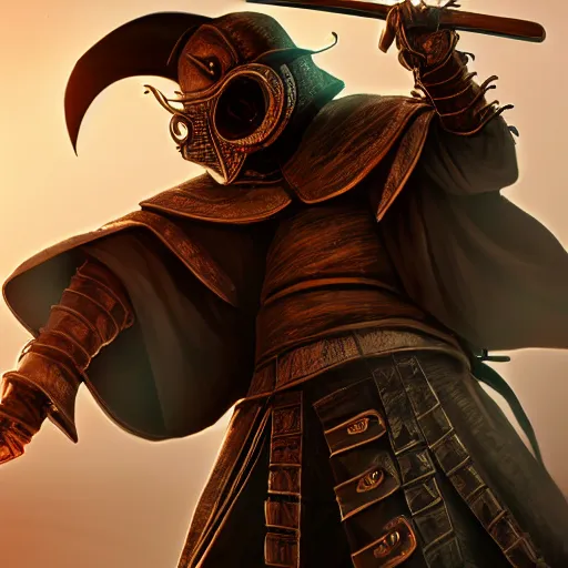 Prompt: plague doctor samurai, dynamic lighting, fantasy concept art, trending on art station, stunning visuals, creative, cinematic, ultra detailed, extreme detailed, 8 k, detailed