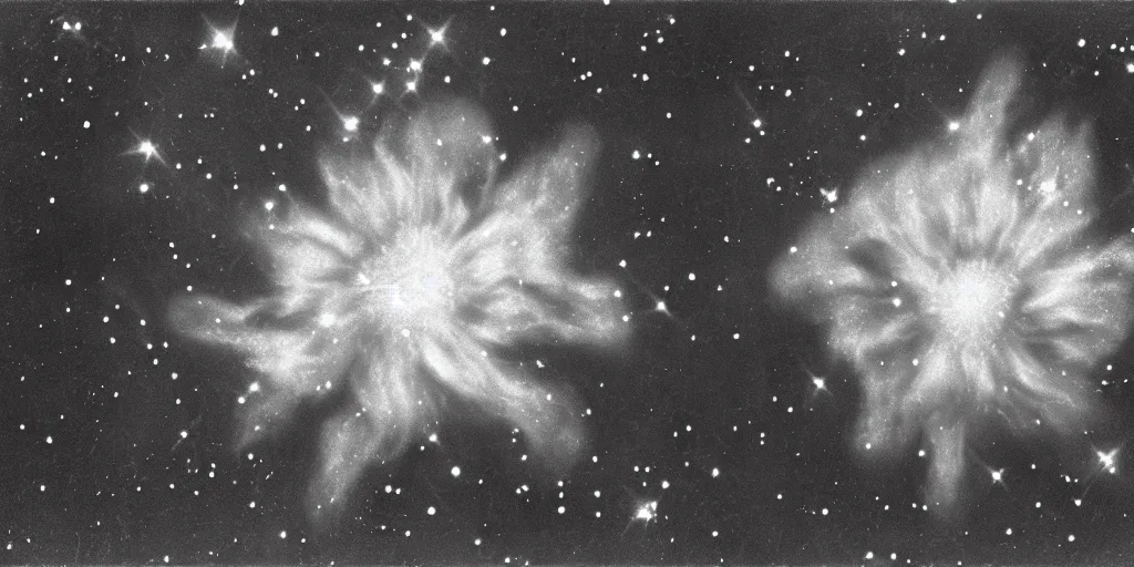 Image similar to close up photography of edelweiss flower turning into stars and universe nebula, 1. 2 f, 3 5 mm, dark, eerie, 1 9 2 0 s ghost photography