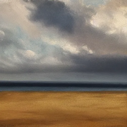 Prompt: sunny day, underlying sense of dread, stormy clouds on the horizon, warm palette