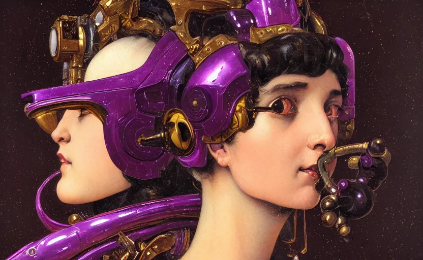 Prompt: a baroque neoclassicist renaissance close - up portrait of a purple and black obsidian whimsical 1 8 0 0 s mecha gundam girl with big, glowing eyes. reflective detailed textures. gloomy black background. highly detailed fantasy science fiction painting by moebius, norman rockwell, frank frazetta, and syd mead. rich colors, high contrast. artstation