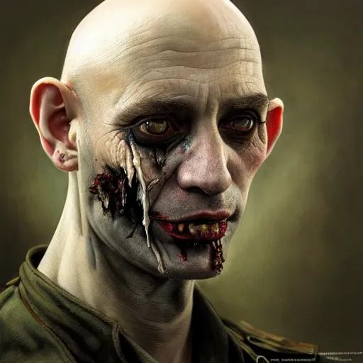 Prompt: portrait painting of a bald vampire with rotting skin and a popped eye wearing battered vietnam fatigues, ultra realistic, concept art, intricate details, eerie, highly detailed, photorealistic, octane render, 8 k, unreal engine. art by artgerm and greg rutkowski and charlie bowater and magali villeneuve and alphonse mucha