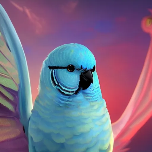 Image similar to an oil painting of a blue budgie with dragon wings, hd, hdr, ue 5, ue 6, unreal engine 5, cinematic 4 k wallpaper, 8 k, ultra detailed, high resolution, artstation, award winning