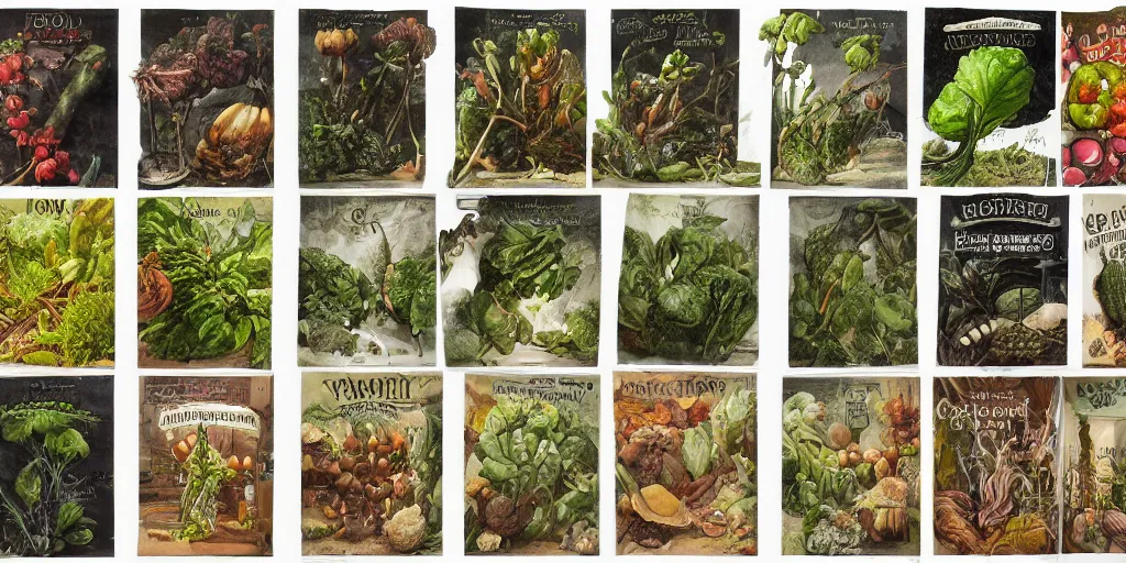 Image similar to full color page scan catalogue of various vintage fantasy vegetables illustrations on black background, in matte painting, 2 d, kitbash, 4 k