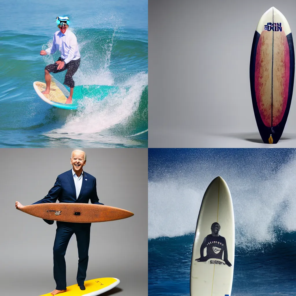 Prompt: a photo of joe biden as a surfboard, studio photography