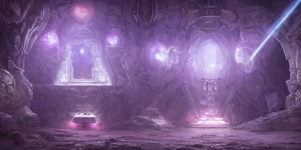 Prompt: a digital painting of a big robot made of white stone, purple crystal inlays, by jonas de ro, keeping the entrance of a sanctum, crystals enlight the scene, view is centered on the robot, cinematic lights, at dawn, unreal engine, attestation, deviantart