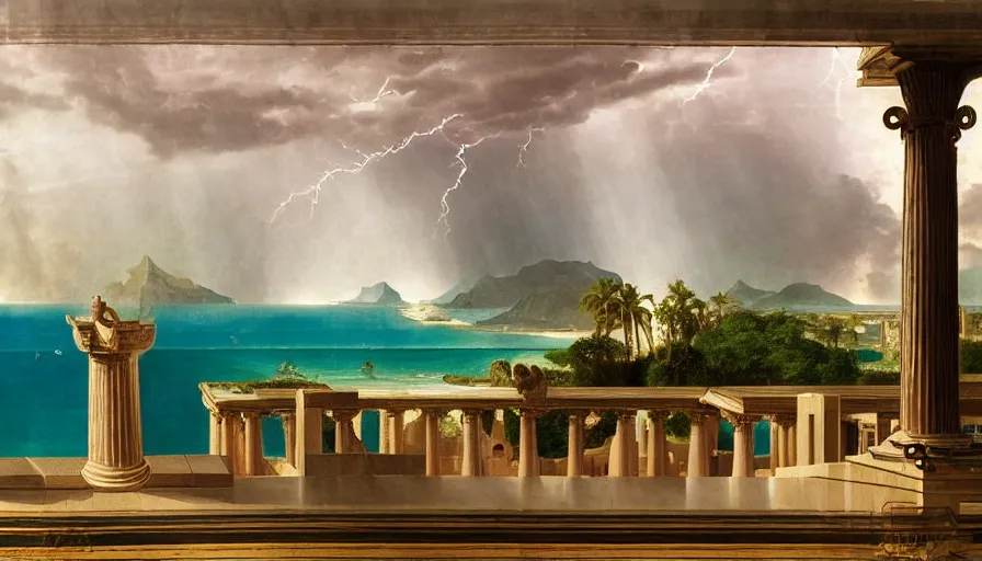 Image similar to From Inside the giant Palace, mediterranean balustrade and columns, refracted line and sparkles, thunderstorm, greek pool, beach and Tropical vegetation on the background major arcana sky and occult symbols, by paul delaroche, hyperrealistic 4k uhd, award-winning, very detailed paradise