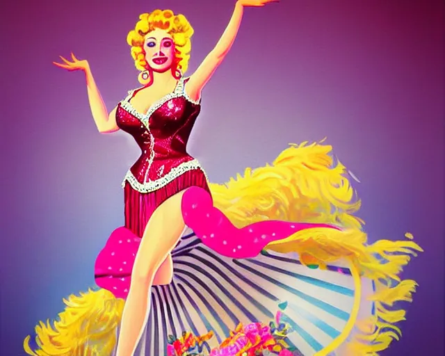 Image similar to young dolly parton as a cancan dancer in art deco style, hyper realistic, artstation, illustration, bright, cheerful, detailed and intricate environment