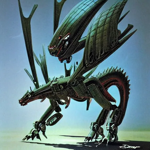 Image similar to Magnificent mecha-dragon hybrid by Roger Dean, by Dean Ellis, surrealism, mecha, dragon , horse