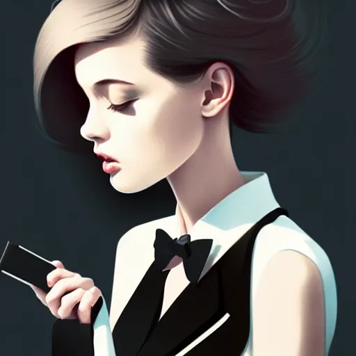 Prompt: young female in black tuxedo, muted colors, matte print, pastel colors, 2d, ultra highly detailed, smooth, sharp focus, digital art, digital painting, fan art, elegant, artstation, head is centered, by Ilya Kuvshinov