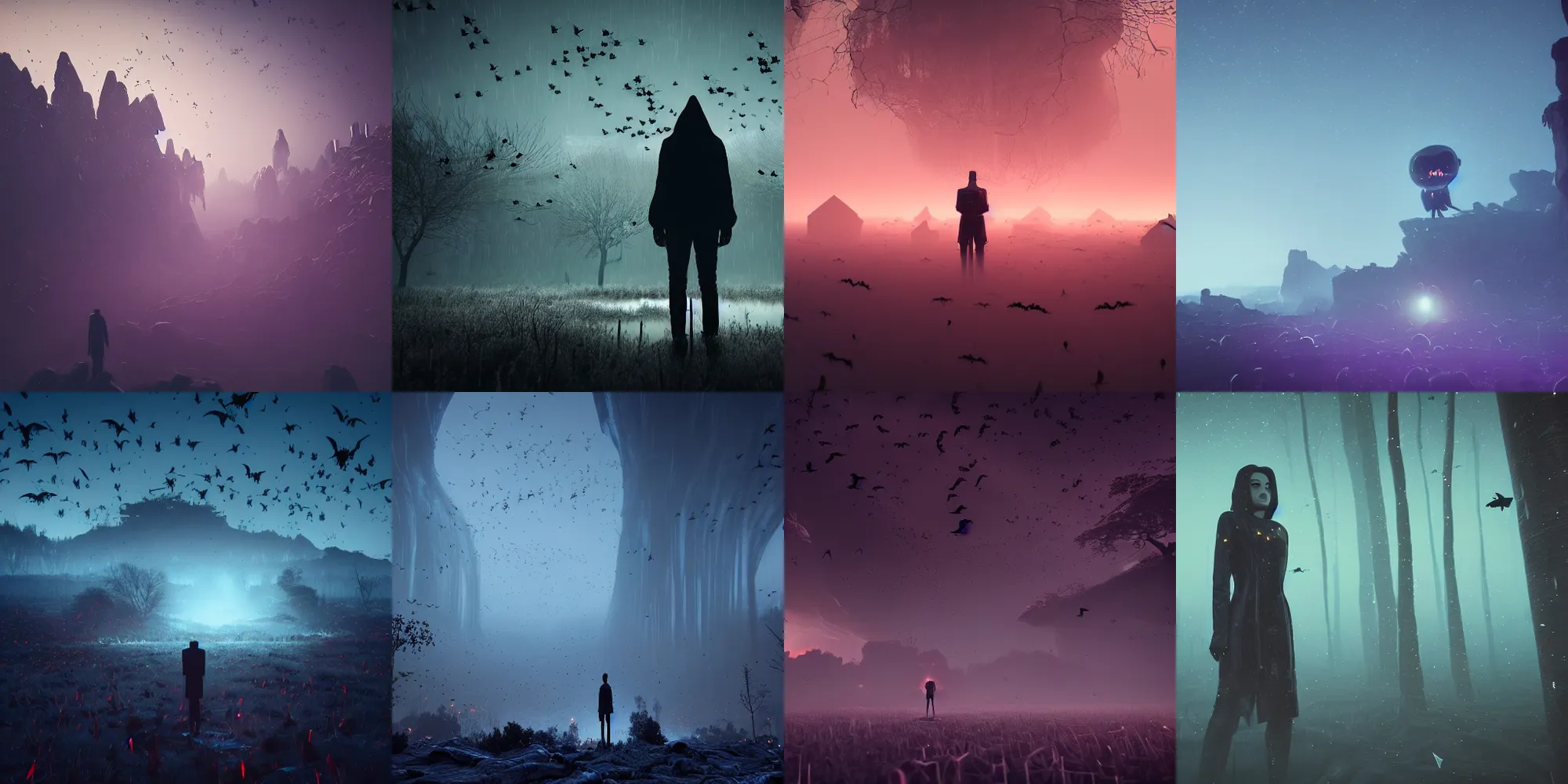 Image similar to beautiful dark landscape, vampire surrounded by millions of bats, in the style of beeple and Mike Winkelmann, photo real, ultra realistic, intricate, epic lighting, 8k resolution, unreal engine 5,