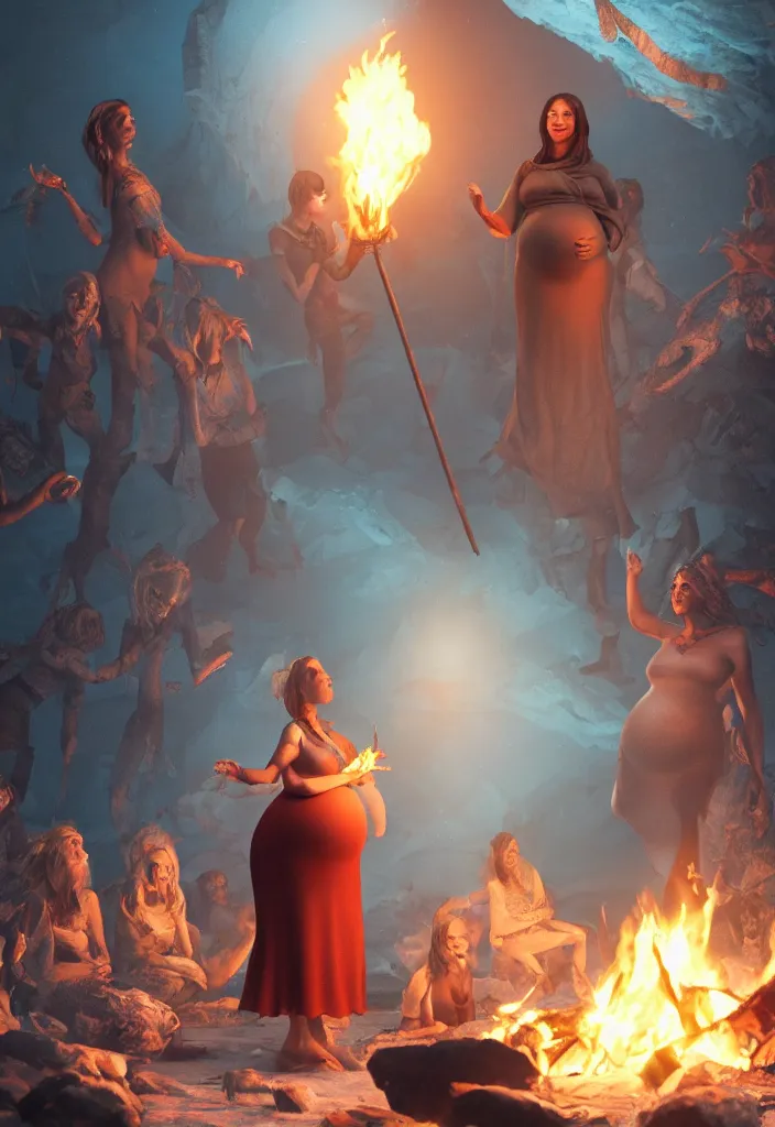 Prompt: epic leader pregnant woman talking to all her tribe around a bonfire, proud people looking at the pregnant woman, ice cave, facinating, fantasy digital art, octane render, beautiful composition, trending on artstation, coherent, masterpiece, photorealistic