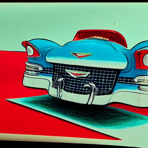 Prompt: a 5 0 s color pencil concept drawing of a flying cadillac car model with wings and a back thruster