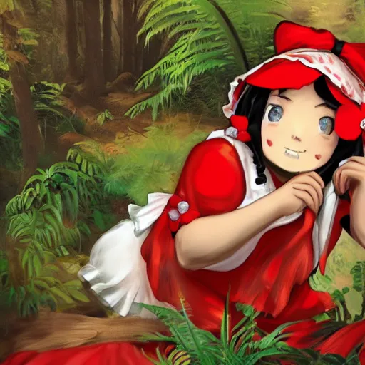 Image similar to a ponzi emiliano of reimu in the jungle wearing bonnet