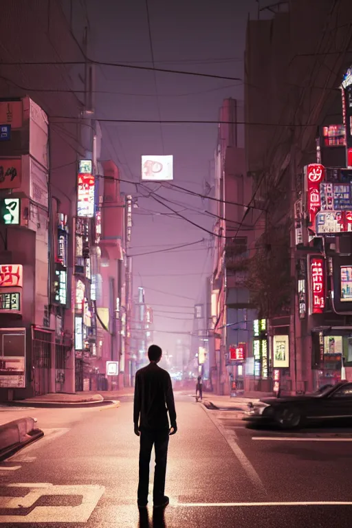 Image similar to a man standing in the middle of a tokyo street at night, a photorealistic painting by Gregory Crewdson, cgsociety, american scene painting, playstation 5 screenshot, matte painting, cryengine