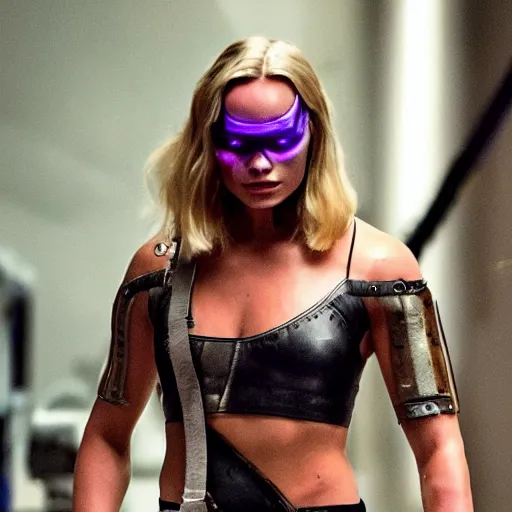 Image similar to Muscle Bound Margot Robbie Cyberpunk cyborg