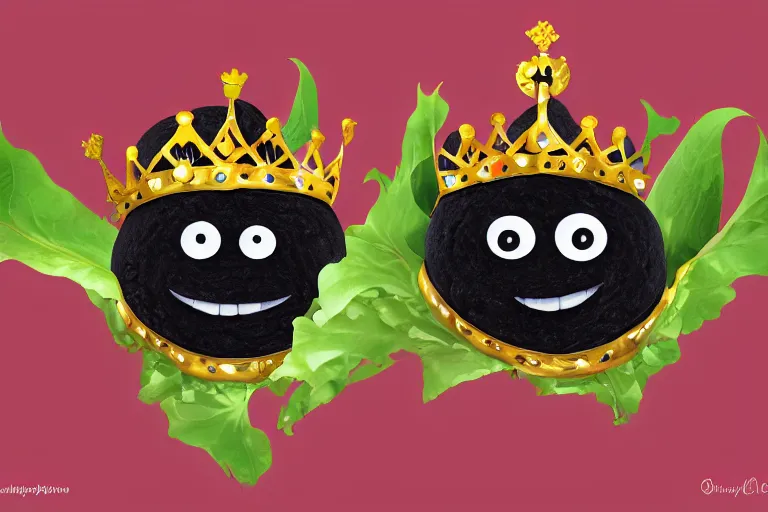 Image similar to giant black bean wearing a kings crown, with googly eyes and smiling, digital art,