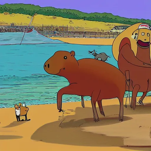 Prompt: capybaras having fun at the beach by bored ape yacht club and matt groening and bojack horseman