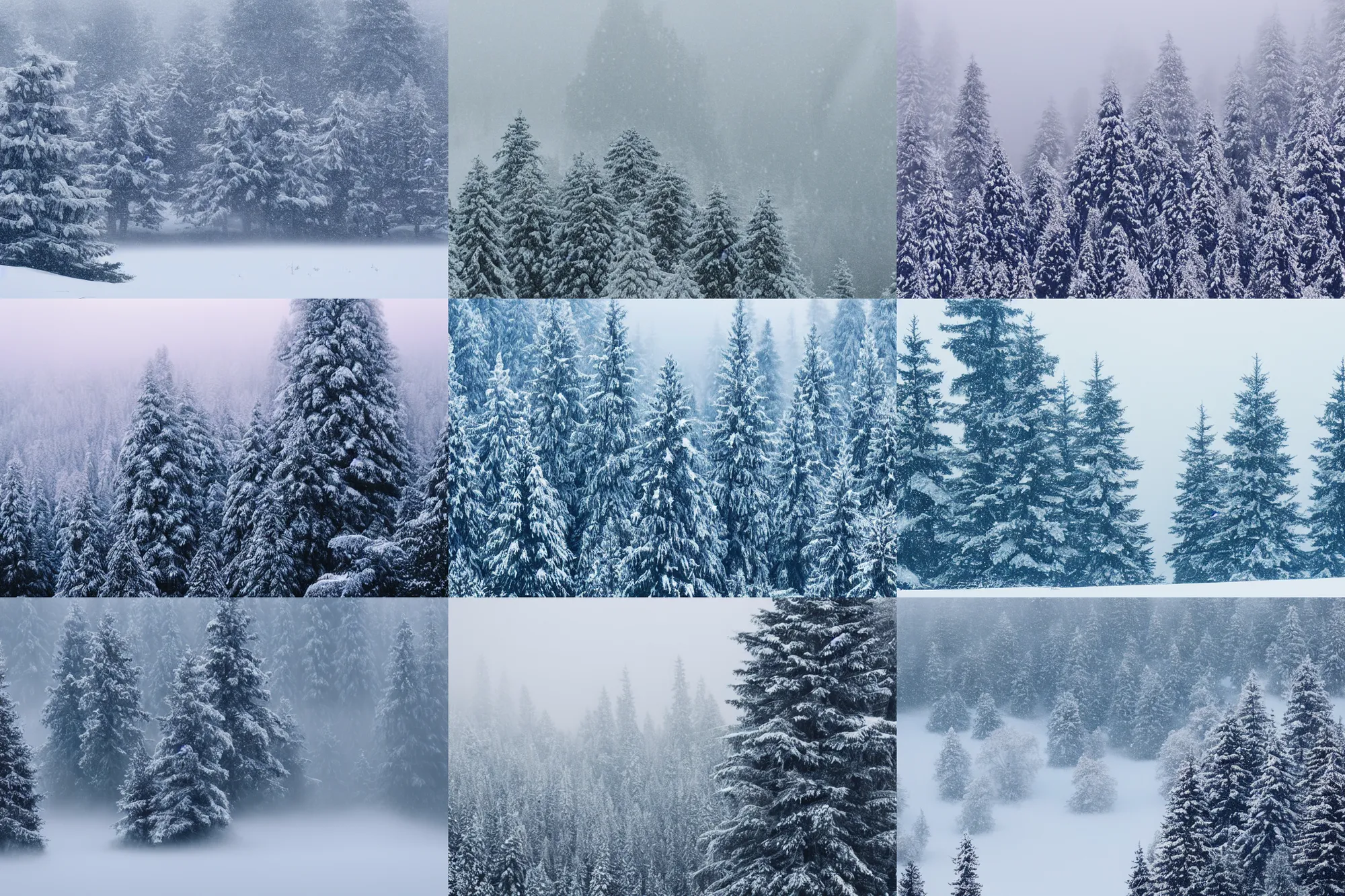 Prompt: snowy pine tree landscape, foggy mountain