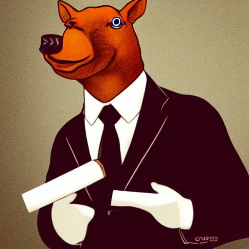 Image similar to an antropomorphic capybara wearing a suit smoking a cigar