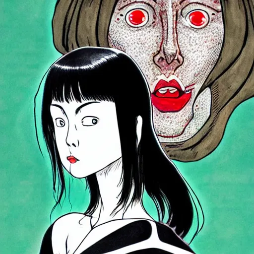 Image similar to a white girl withblack hair by junji ito, colored, realistic