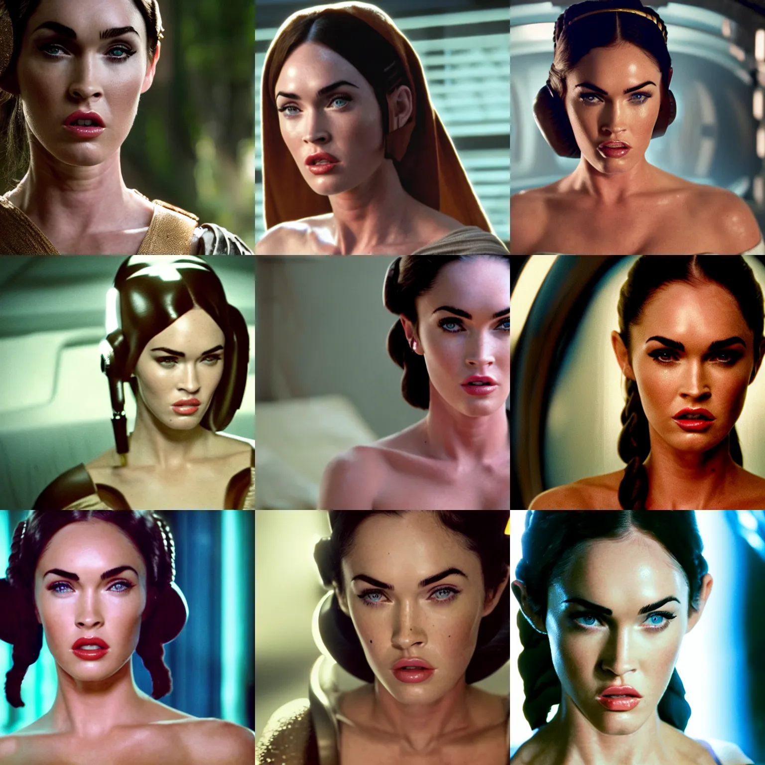 Prompt: megan fox as princess leia, movie still, cinematic, extreme detail, facial features, sharp focus, 8 k 3 5 mm coloured film, close up, anamorphic lens, lighting