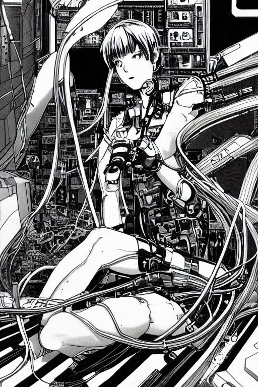 Prompt: awe inspiring cyberpunk anime style illustration of a. female android seated on the floor in a tech labor, seen from the side with her back open showing a cables and wires coming out, by masamune shirow and katsuhiro otomo, japan, 1980s, dark