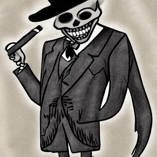 Image similar to a mafia skeleton with a cigar