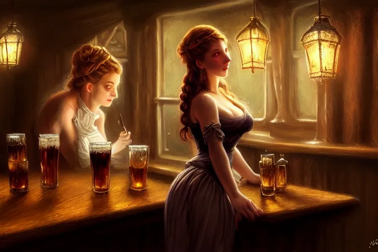 Image similar to a beautiful barmaid, dimly lit cozy tavern, relaxed pose, fantasy, intricate, elegant, dramatic lighting, emotionally evoking symbolic metaphor, highly detailed, lifelike, photorealistic, digital painting, artstation, concept art, smooth, sharp focus, illustration, art by John Collier and Albert Aublet and Krenz Cushart and Artem Demura and Alphonse Mucha