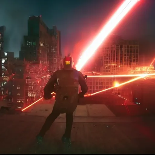 Prompt: homelander from the boys destroying an entire city with laser eyes, cinematic quality, ultra photo realistic