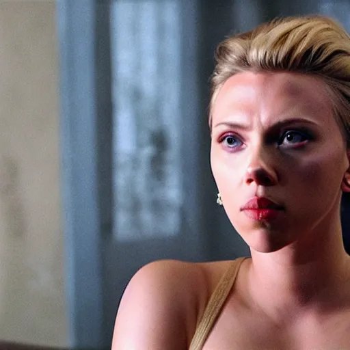 Image similar to scarlett johansson, green skin, muscular, movie still