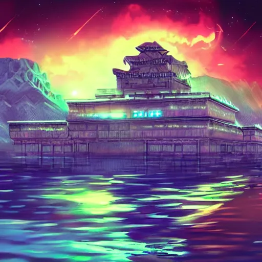 Image similar to ancient palace floating in the space, retrowave epic art, trending on art station