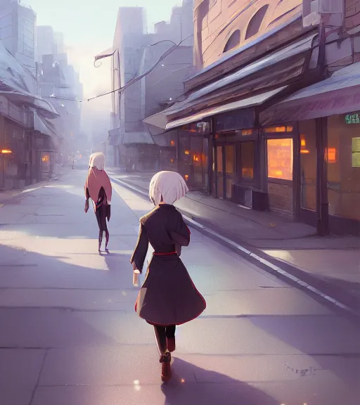 Image similar to a girl in a business is walking in the middle of the street, she has a red necktie and grey hair, digital painting, by tran ross and jordan grimmer and greg rutkowski, anime art, artstation, hd, smooth,